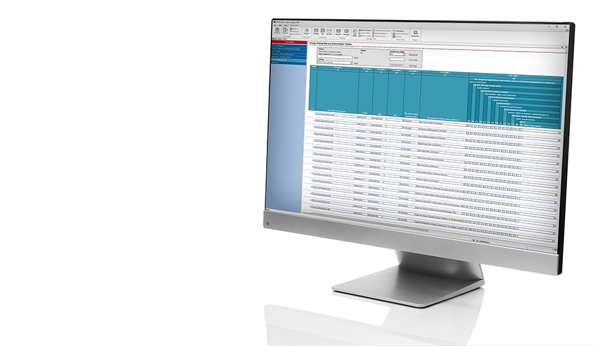 A computer monitor displaying the proxy voting record portion of Form N-PX inside the GoFiler Form N-PX View editor
